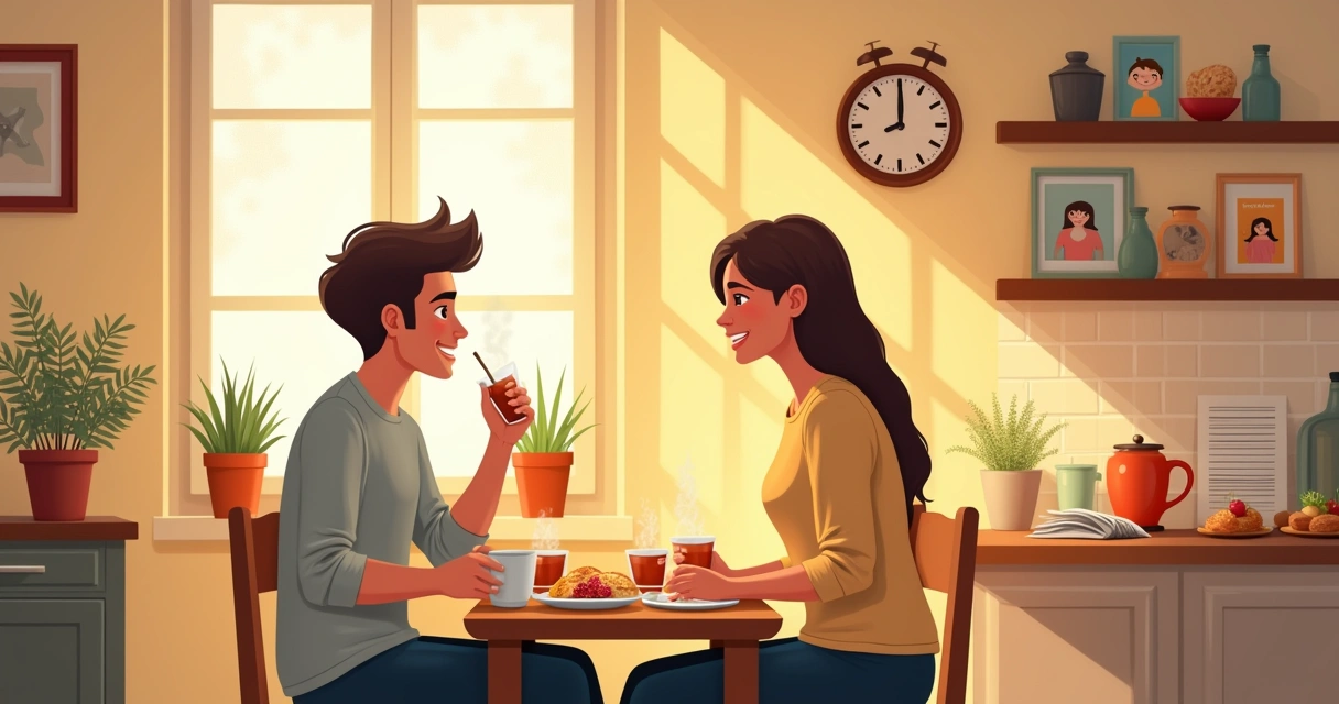 Casal compartilhando café da manhã em uma cozinha aconchegante com luz suave.