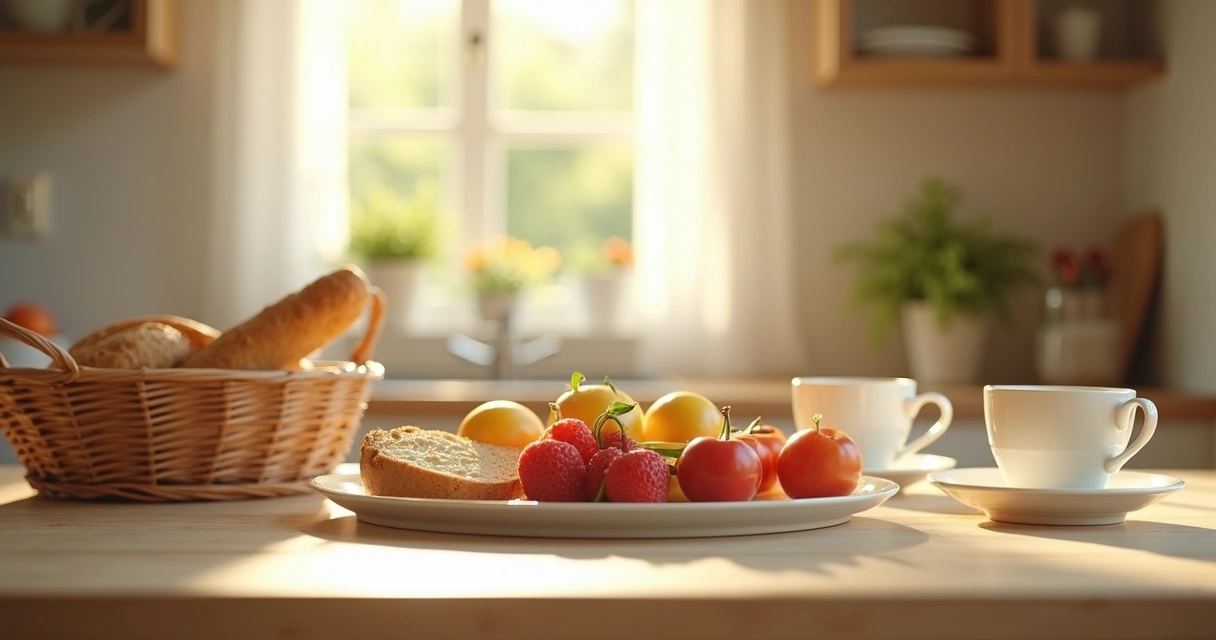 Mesa com café da manhã saudável iluminada por luz natural