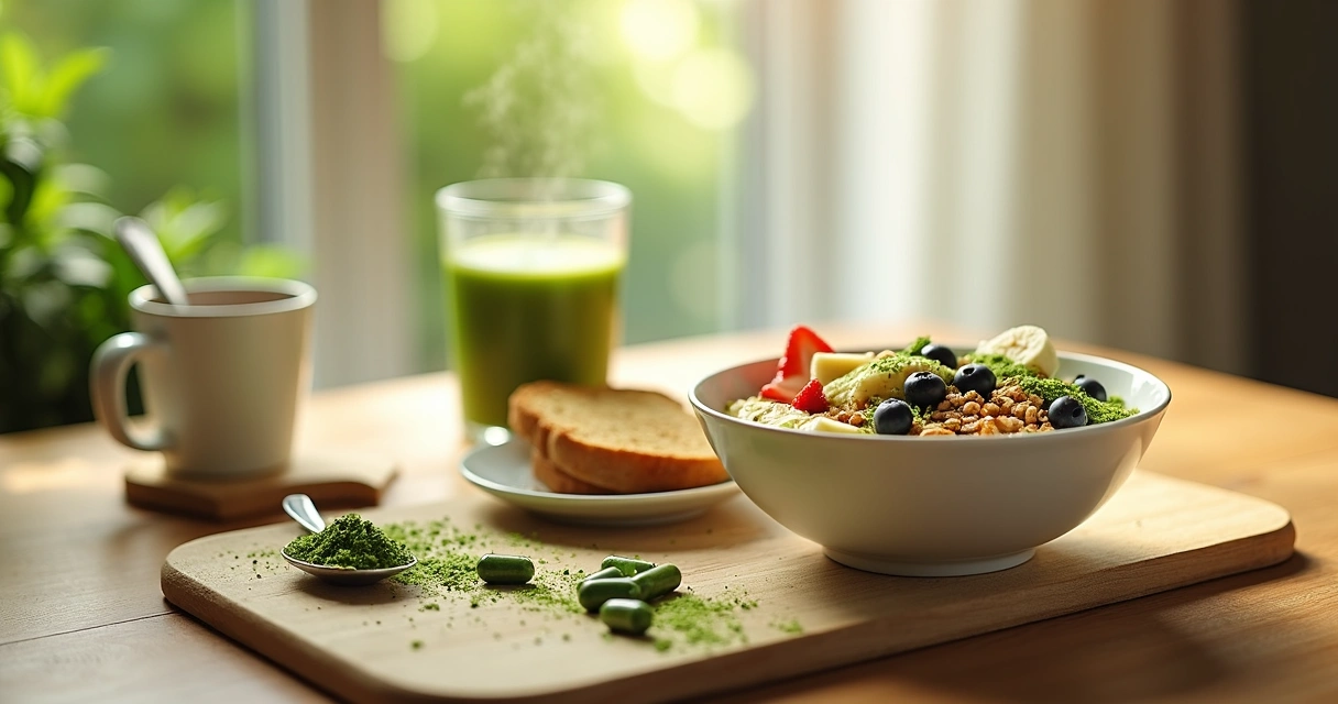 Café da manhã saudável com moringa em pó e cápsulas sobre a mesa 