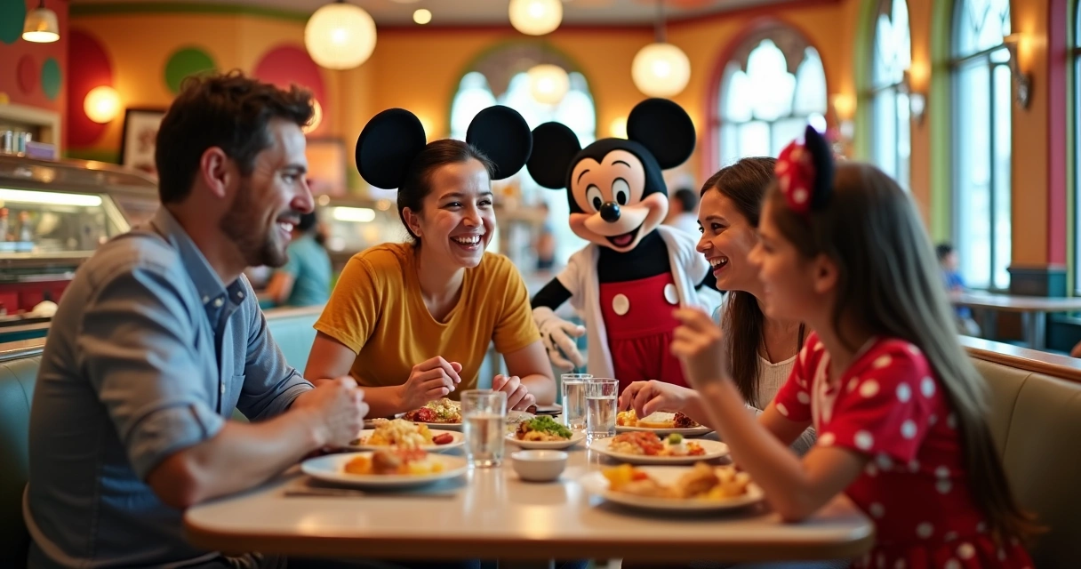 Família sorrindo em mesa de café da manhã com personagens Disney 