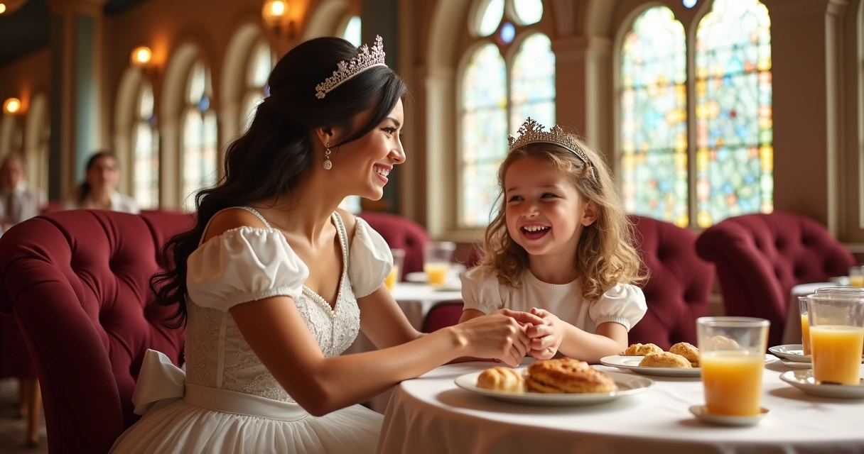 Menina sorrindo ao lado de princesa da Disney em mesa de café da manhã 