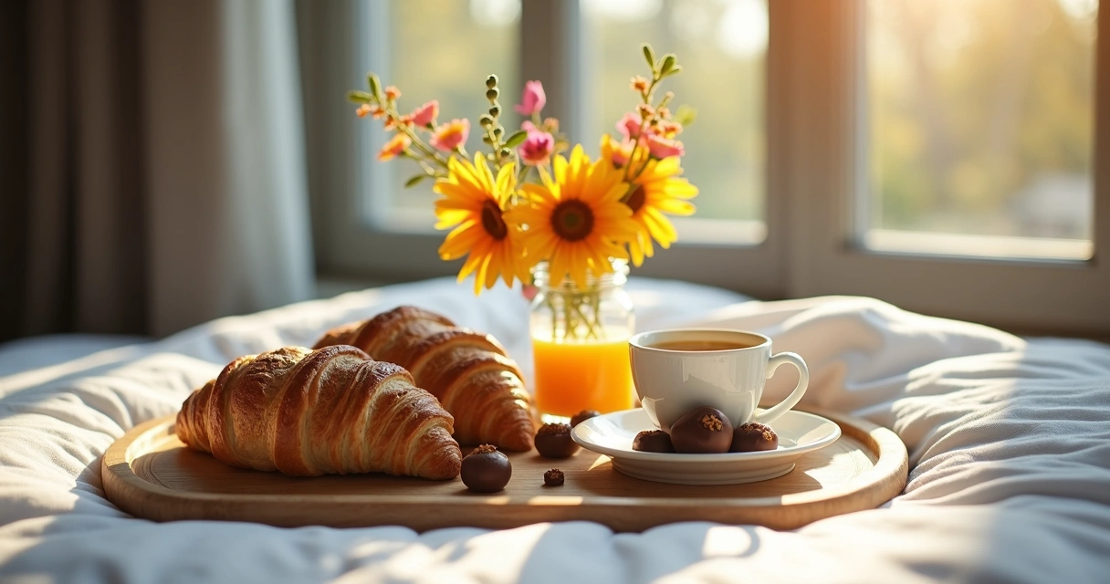 Café da manhã romântico com flores e chocolates em bandeja 