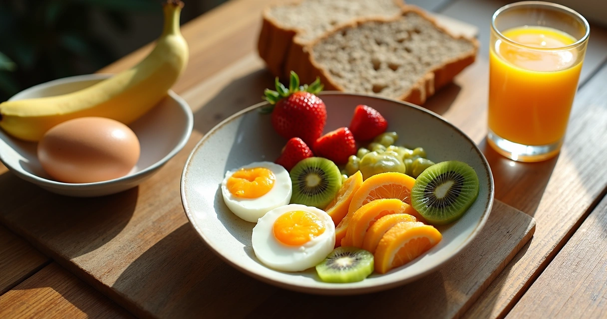 Café da manhã saudável com frutas e ovos em mesa de madeira 