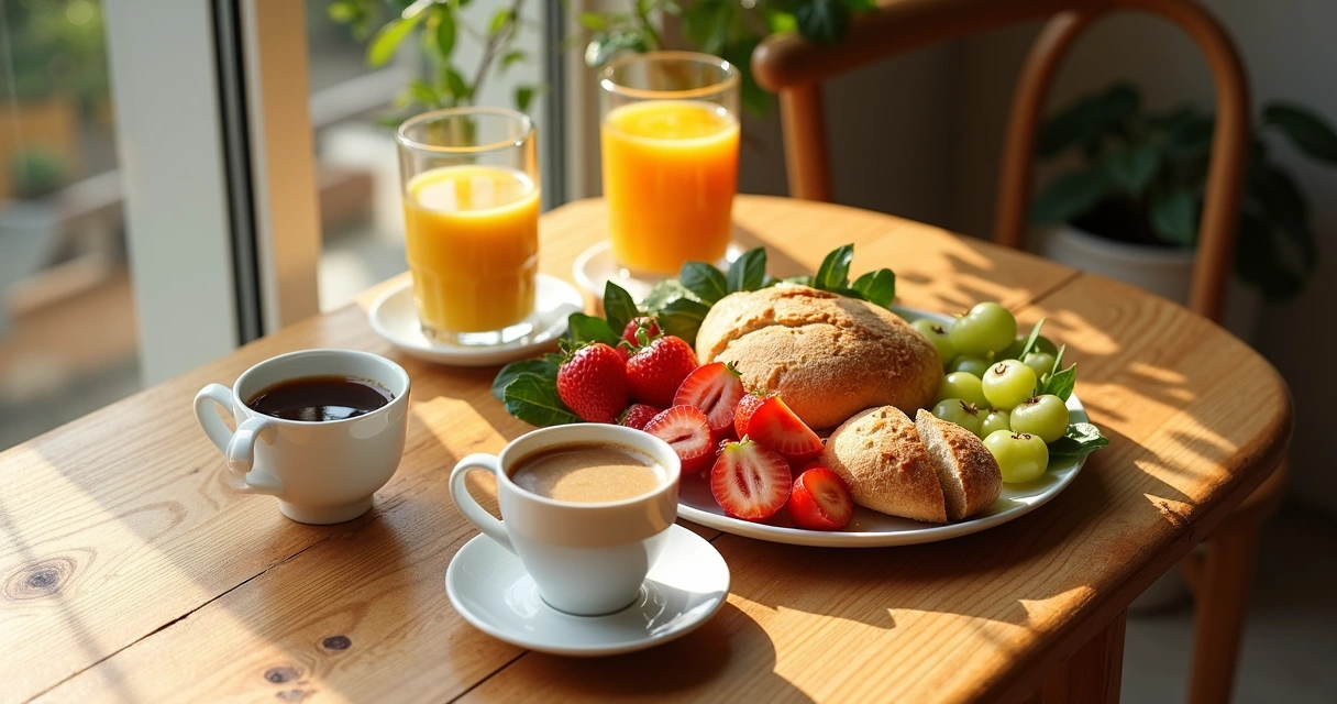Mesa de café da manhã com alimentos variados e saudáveis