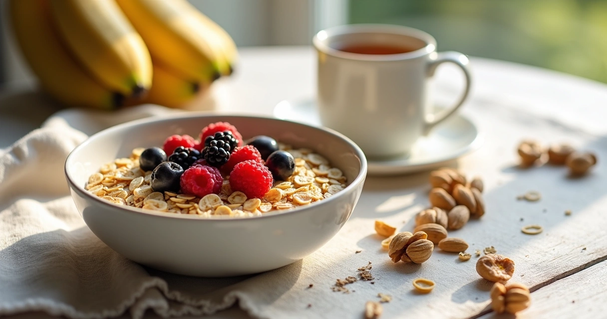 Café da manhã saudável com frutas e aveia 