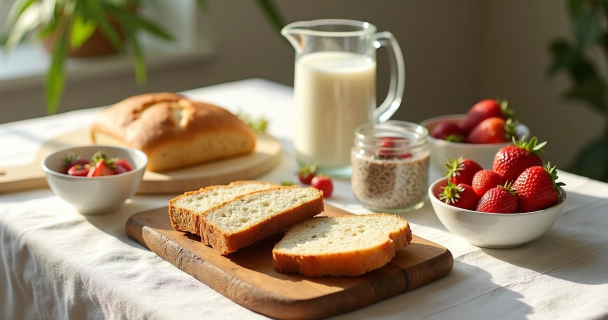 Mesa de café da manhã com pães, frutas e bebidas vegetais 