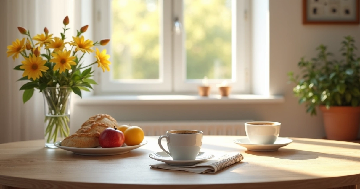 Mesa com café da manhã, luz natural e ambiente calmo.