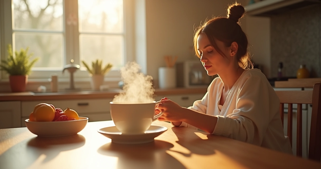 Pessoa toma café da manhã lentamente em ambiente calmo com luz suave 