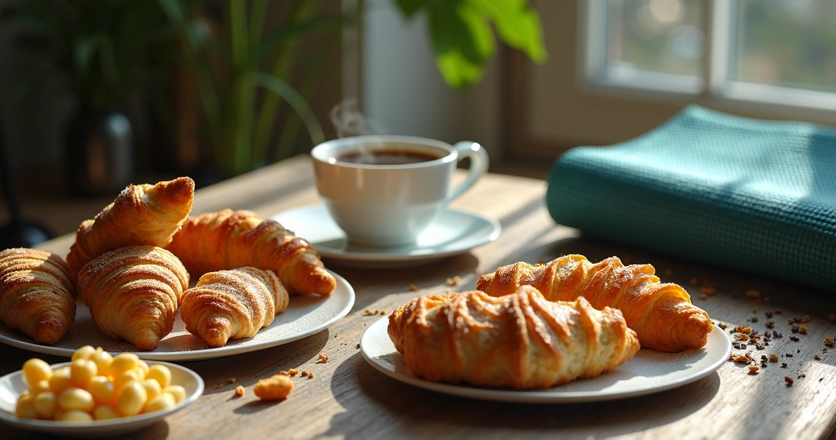 Mesa com doces, frituras e xícara de café ao lado de um tapete de meditação 