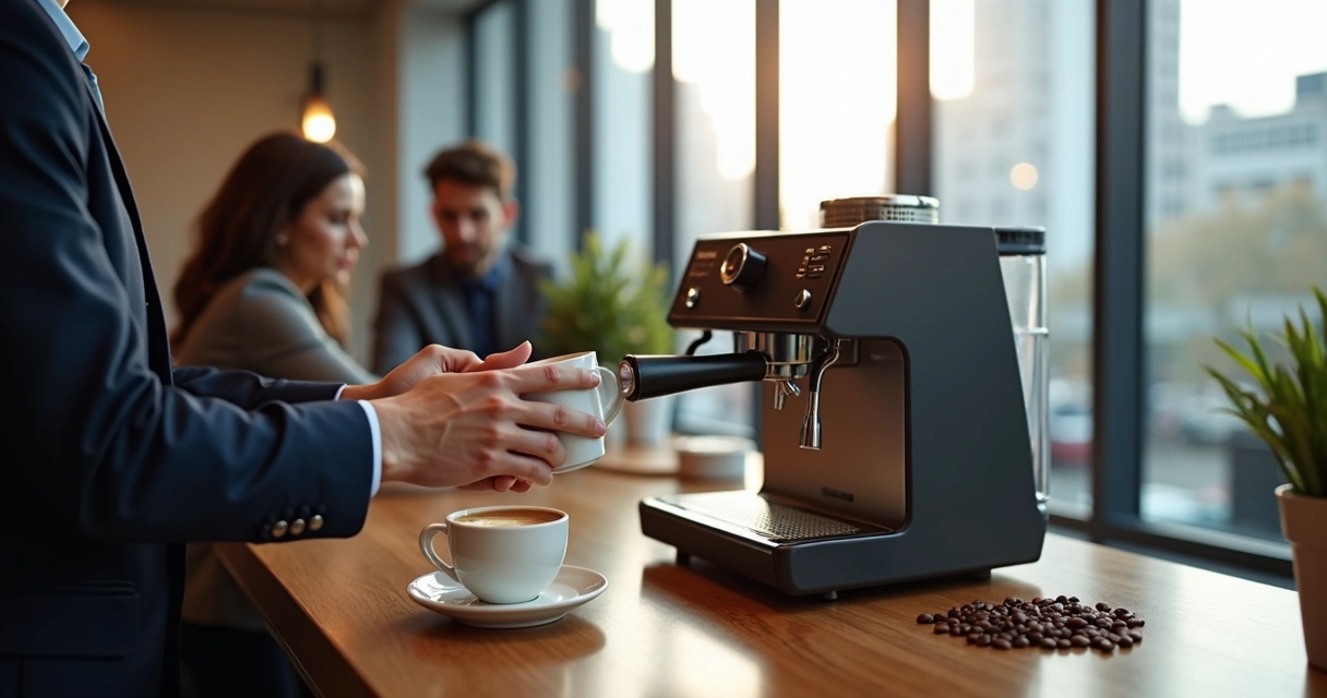Café sendo servido em copo elegante dentro de um escritório moderno 