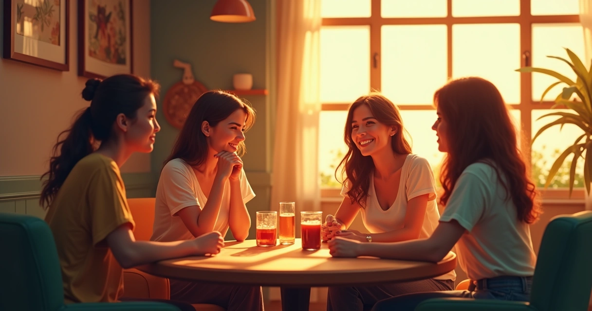 Amigos conversam em café simples, drinks e risadas 