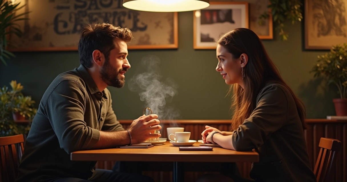 Homem escutando mulher atentamente em um café, simbolizando escuta ativa e empatia durante a conversa.