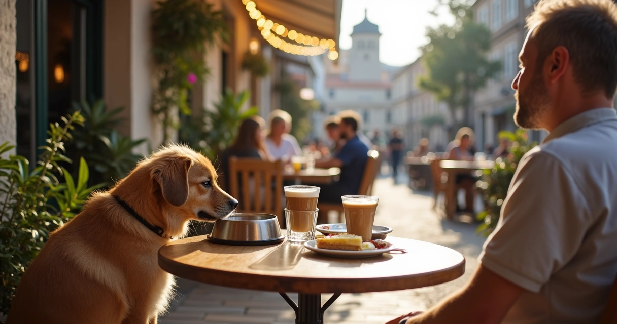 Cão com dono em esplanada pet-friendly no Porto com vista urbana 