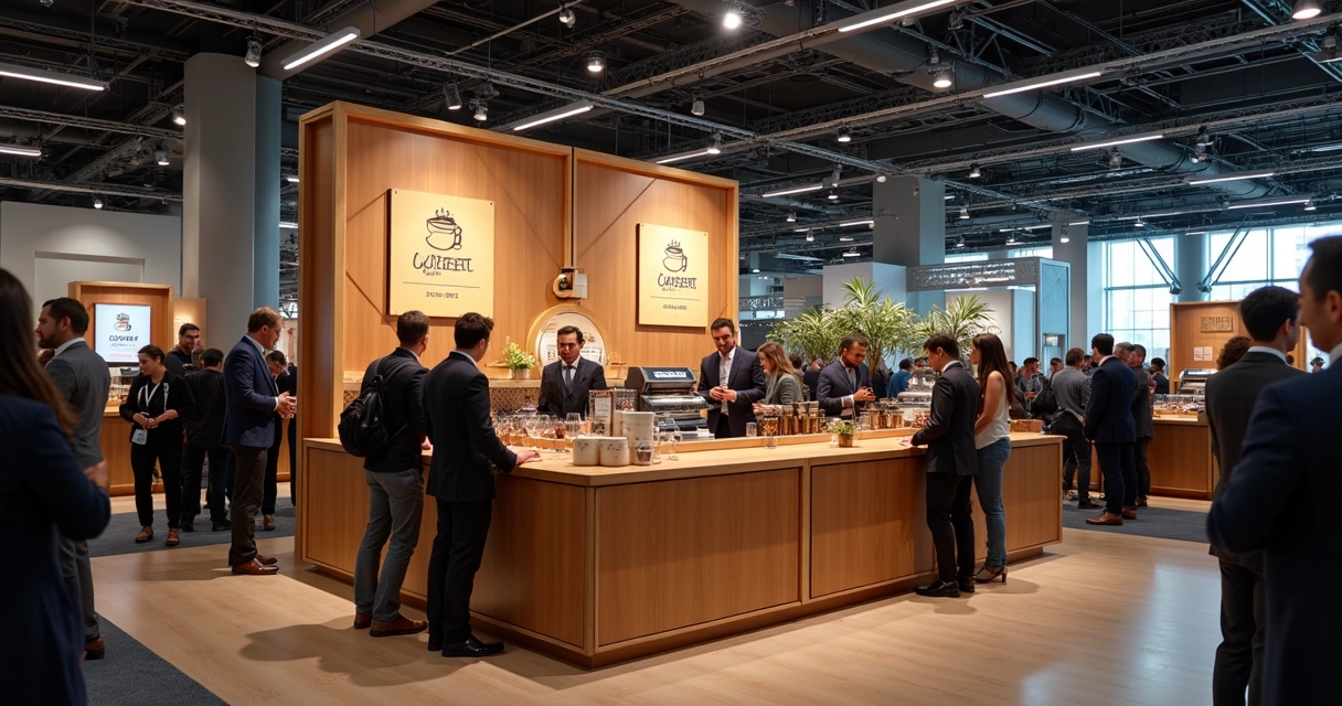 Estação de café com banners de evento corporativo personalizado 