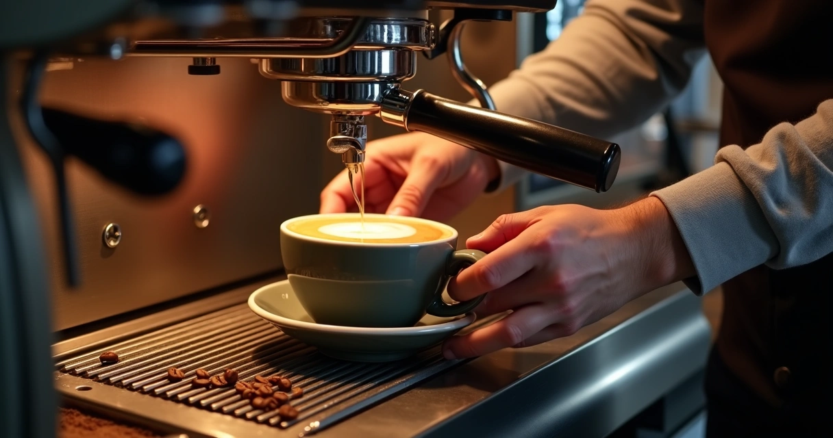 Barista prepara café expresso com espuma alentada na xícara 