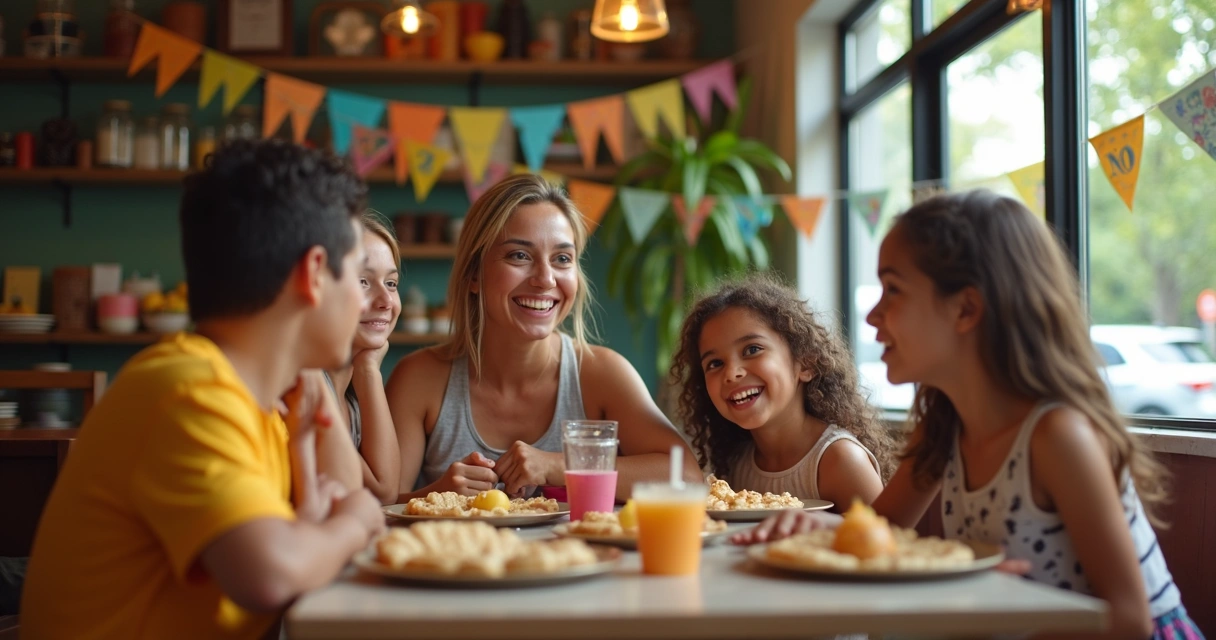 Grupo de brasileiros celebrando em um café aconchegante em Orlando, com pratos de crepe na mesa 
