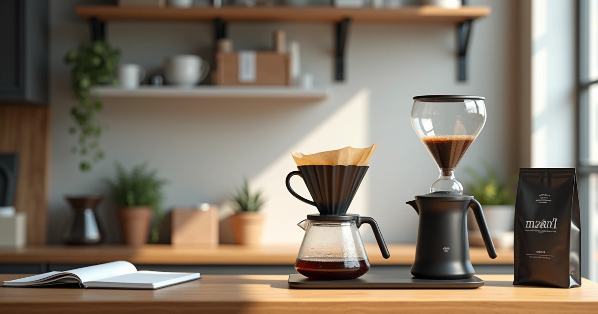 Estação de café filtrado em ambiente corporativo moderno 