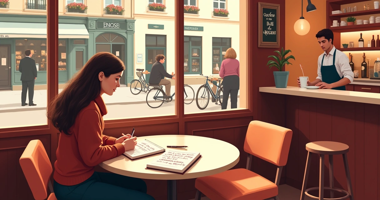 Scène de café français avec une personne écrivant dans un carnet, phrases françaises visibles, ambiance chaleureuse.
