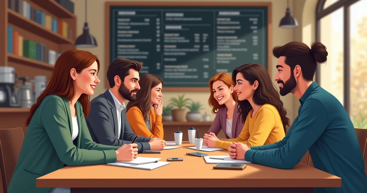 Grupo diversificado em cafe, discutindo interesses, com elementos que representam desafios e soluções ao redor.