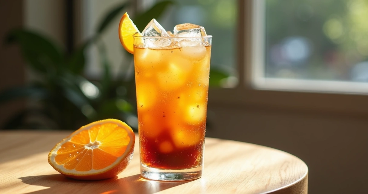 Drink de café com laranja em copo alto com gelo e degradê 