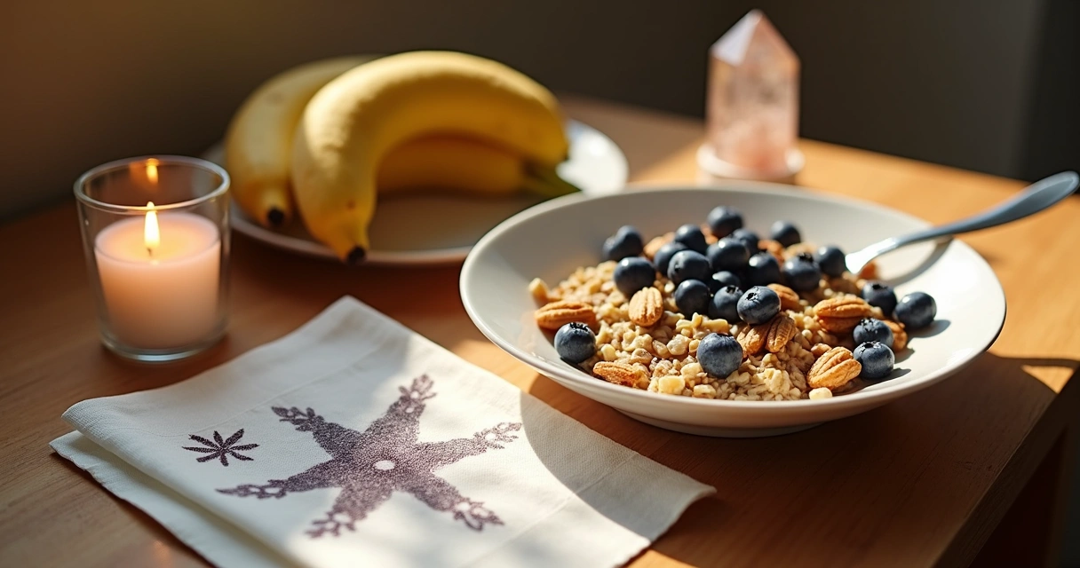 Café da manhã ao lado de vela acesa e cristal lapidado