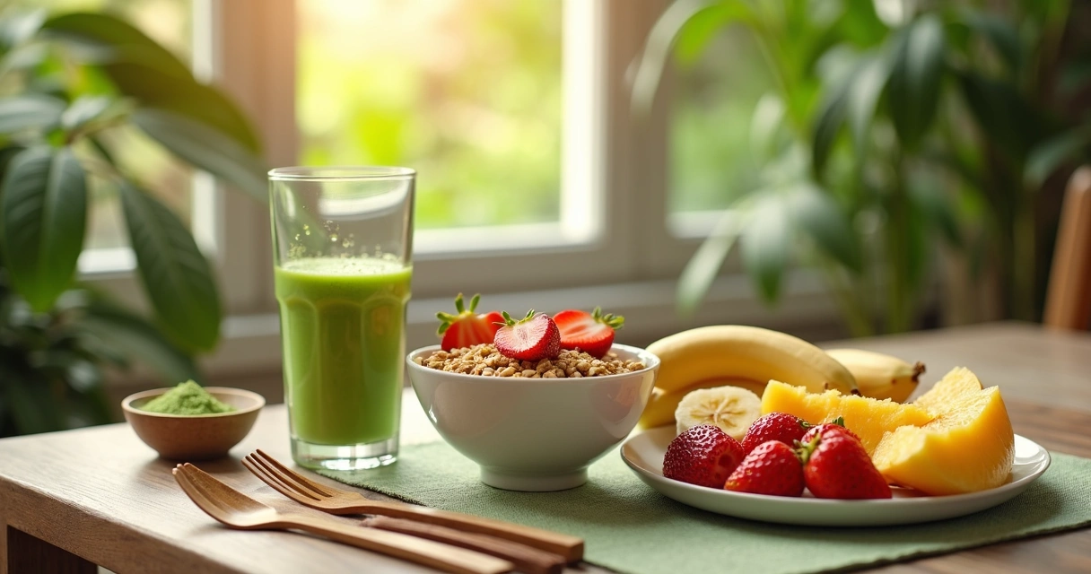 Mix de café da manhã saudável com shake de moringa, frutas cortadas e tigela com granola sem glúten 