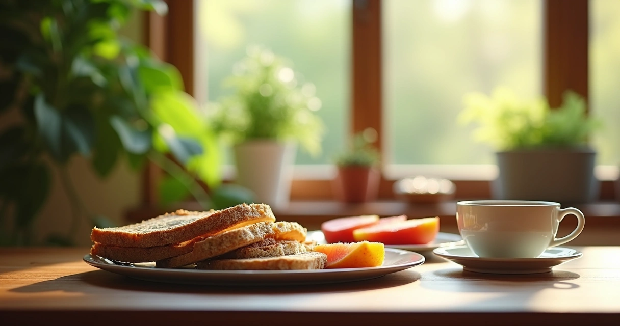 Café da manhã saudável servido em uma mesa próxima à janela com vista para jardim