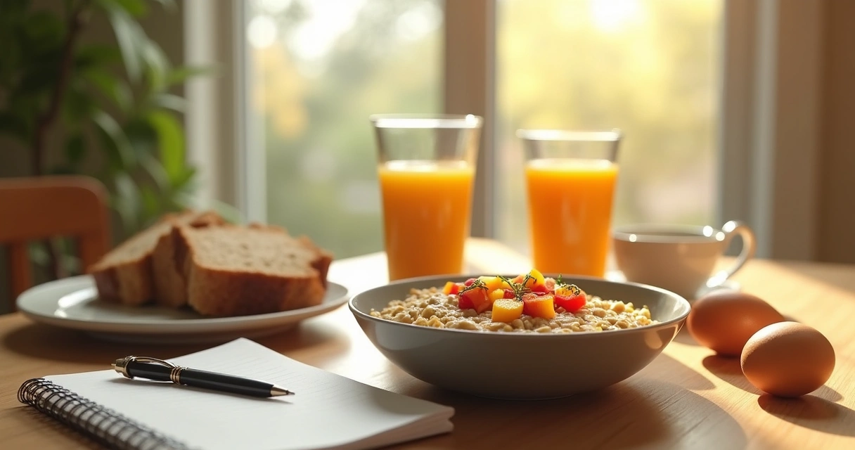 Café da manhã saudável com frutas e ovos na mesa 