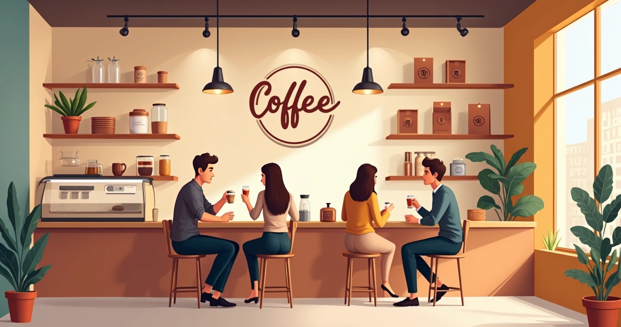 Detalhes de uma cafeteria com cores e elementos gráficos marcantes 