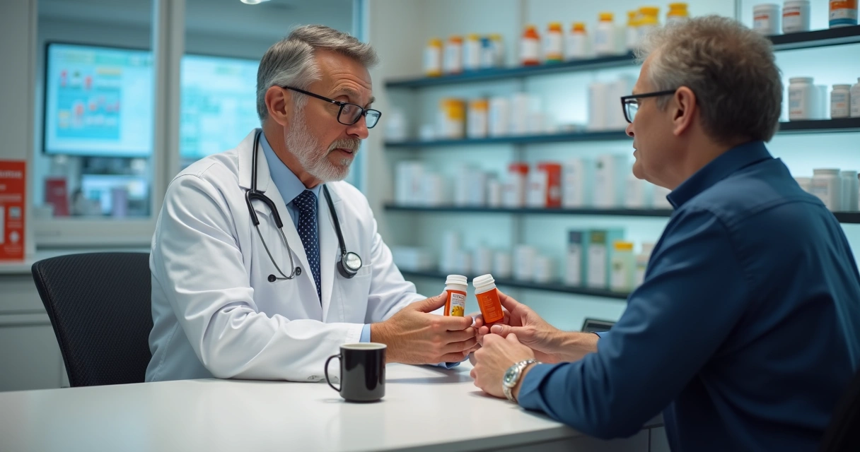 Farmacêutico orientando cliente com café e remédios sobre o balcão 