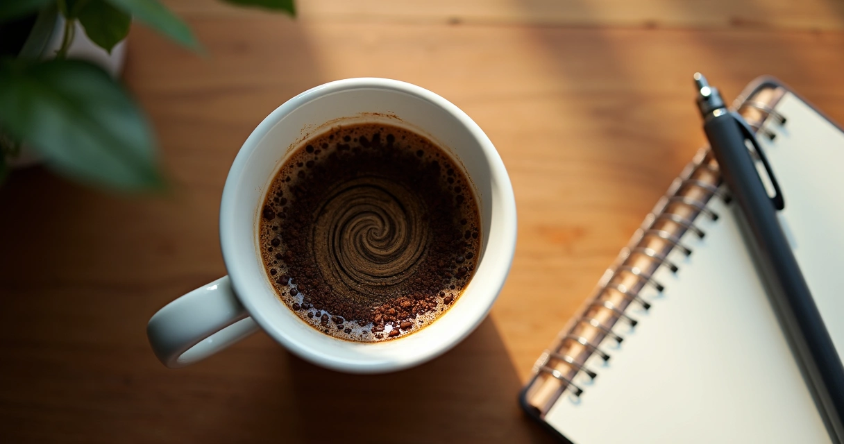 Xícara branca com borra de café formando símbolos visíveis 