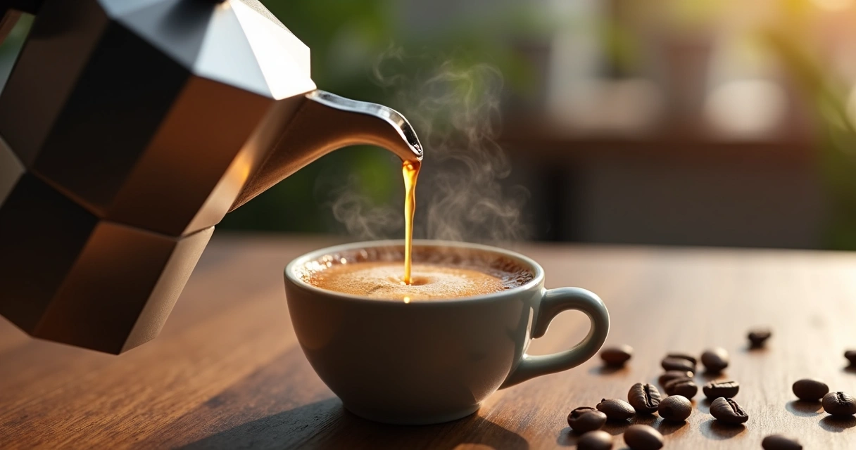 Café servido em xícara ao lado de cafeteira italiana 