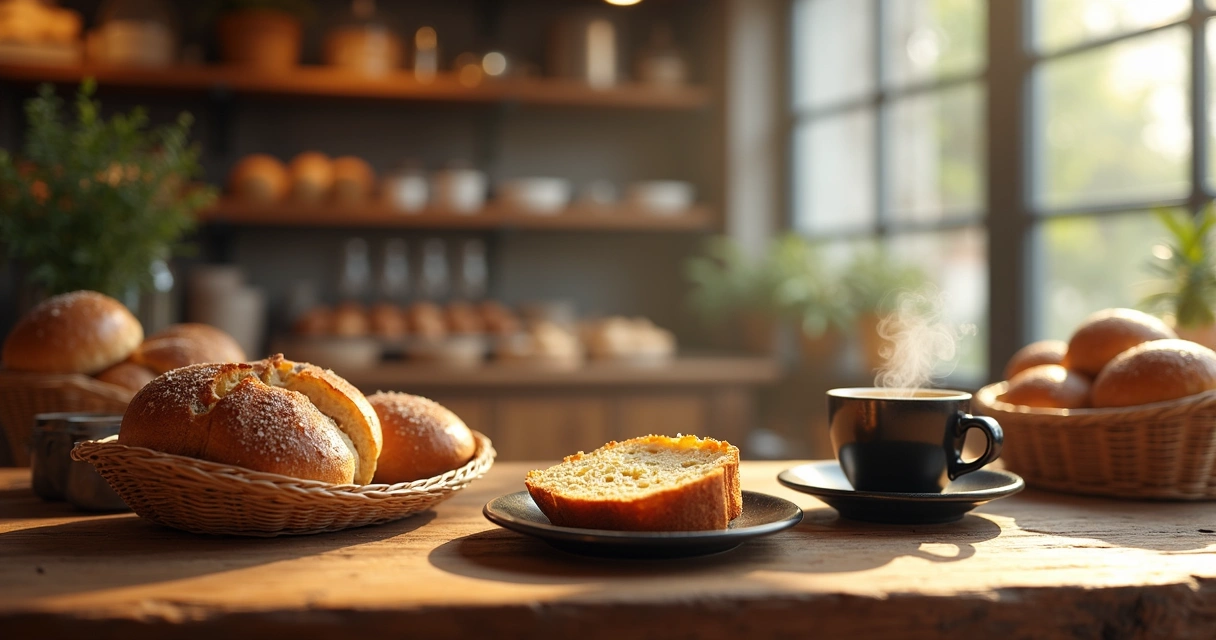 Mesa de café com pão artesanal, bolo e xícara de café