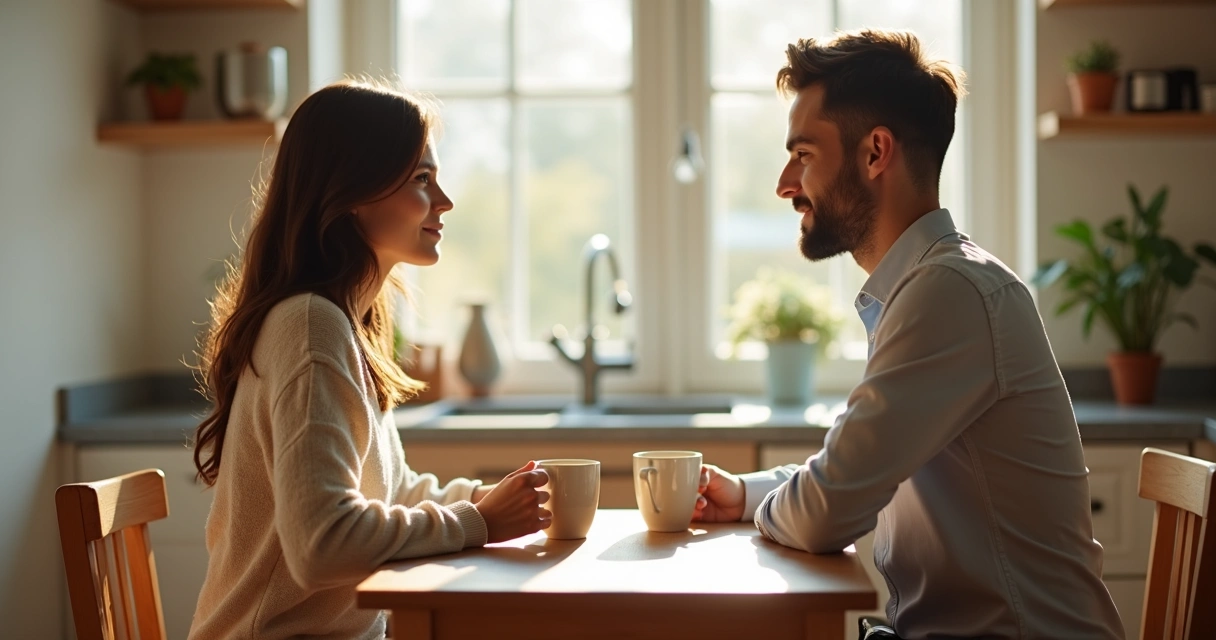 Pareja compartiendo café en una cocina luminosa
