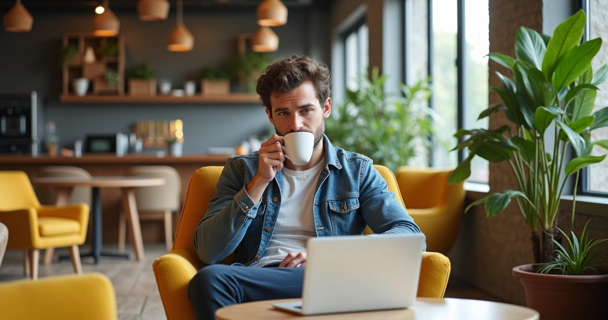 Pessoa tomando café sentada em área de descanso de coworking