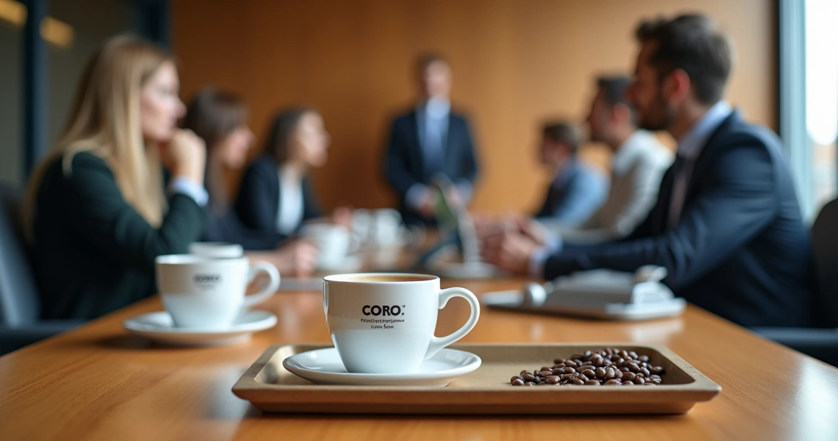 Copo de café personalizado com logomarca corporativa em uma mesa de reunião 