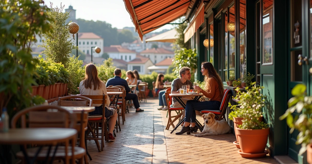 Dono com cão sentado numa esplanada de café