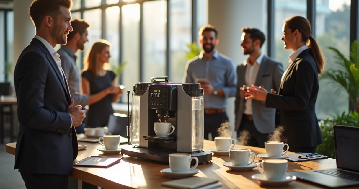 Cafeteira de escritório com xícaras de café ao lado de papéis e laptop 
