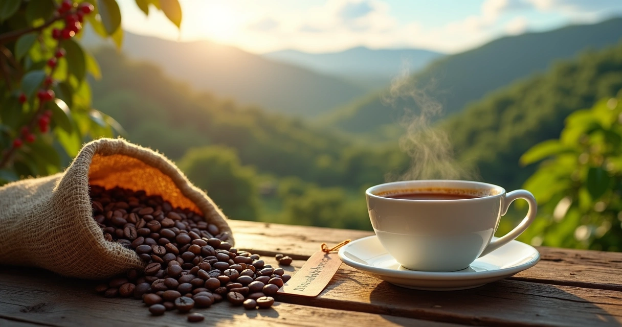 Xícara de café single origin em mesa de madeira com fazenda brasileira ao fundo 