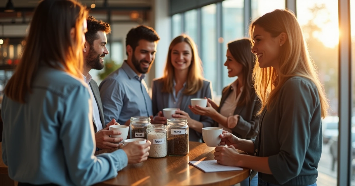 Funcionários reunidos em área de convivência da empresa tomando café termogênico 