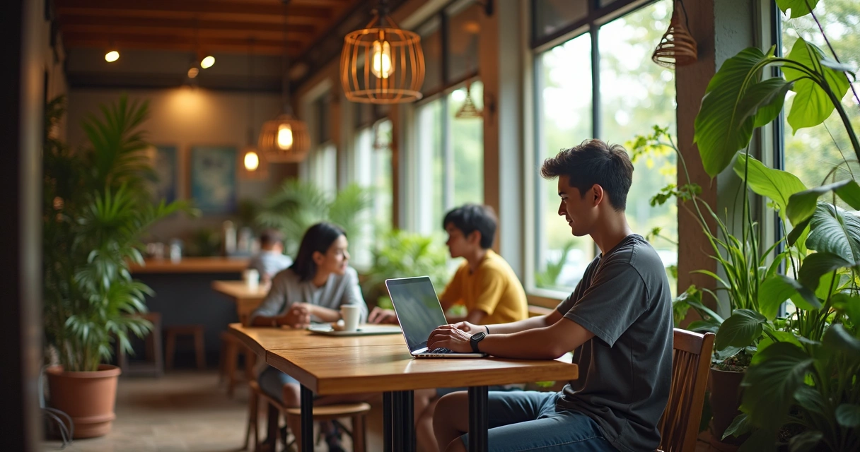 Pessoa trabalhando em um café na Tailândia, laptop sobre a mesa