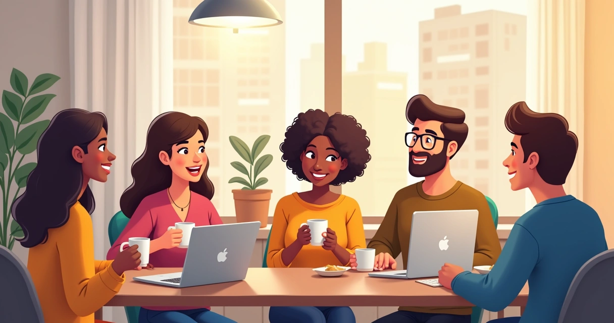 Colegas conversando em uma chamada de vídeo informal com canecas virtuais 