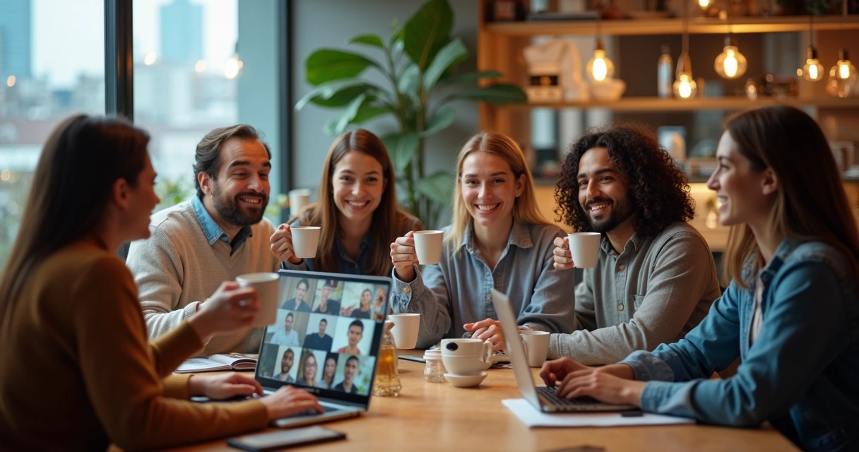 Colaboradores compartilhando um café virtualmente