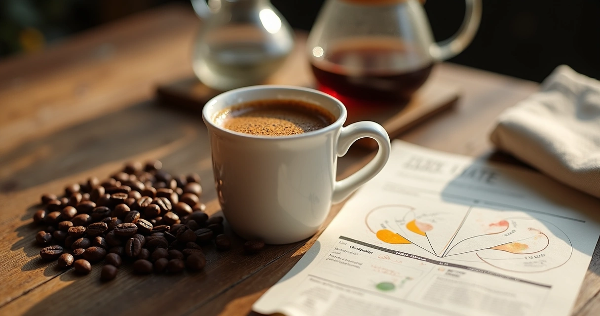 Xícara de café especial com crema ao lado de grãos e ficha de degustação destacando acidez 