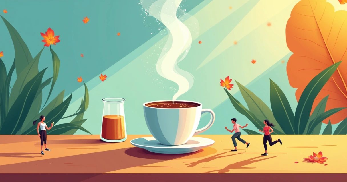 Ilustração de uma xícara de café com calorias e símbolos de energia, rodeada por pessoas se exercitando.