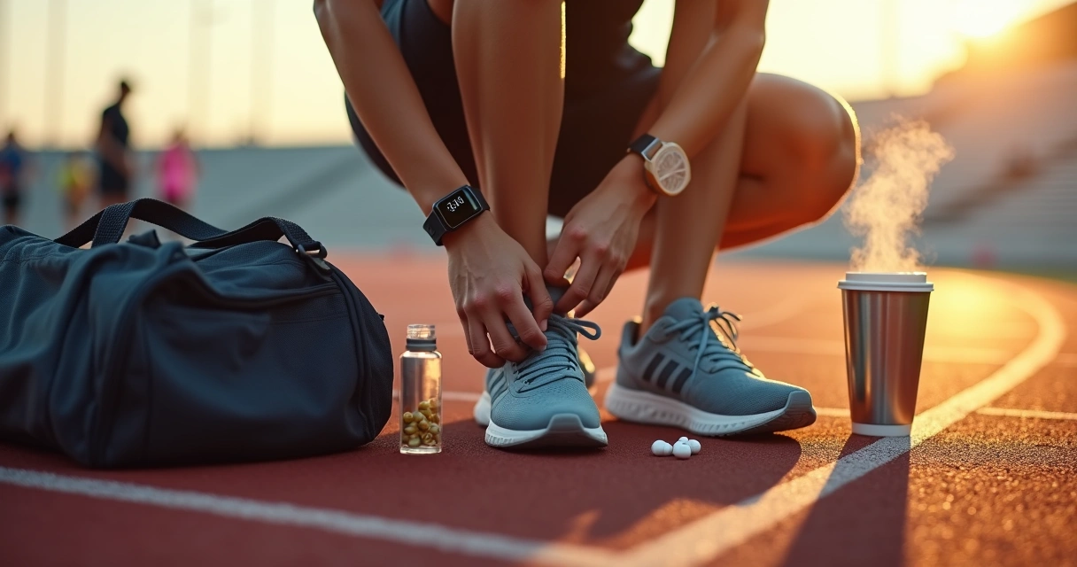 Atleta amarrando o tênis com cápsulas de cafeína e café ao lado em ambiente de treino 