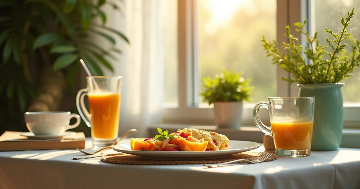 Café da manhã colorido com omelete, frutas frescas e café em uma mesa iluminada pela luz do sol.