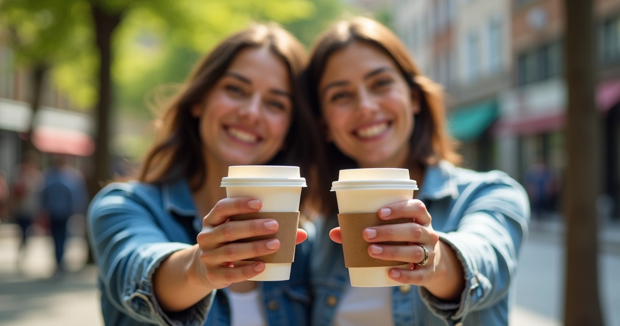Duas pessoas segurando cafés especiais em copos reutilizáveis em um parque 