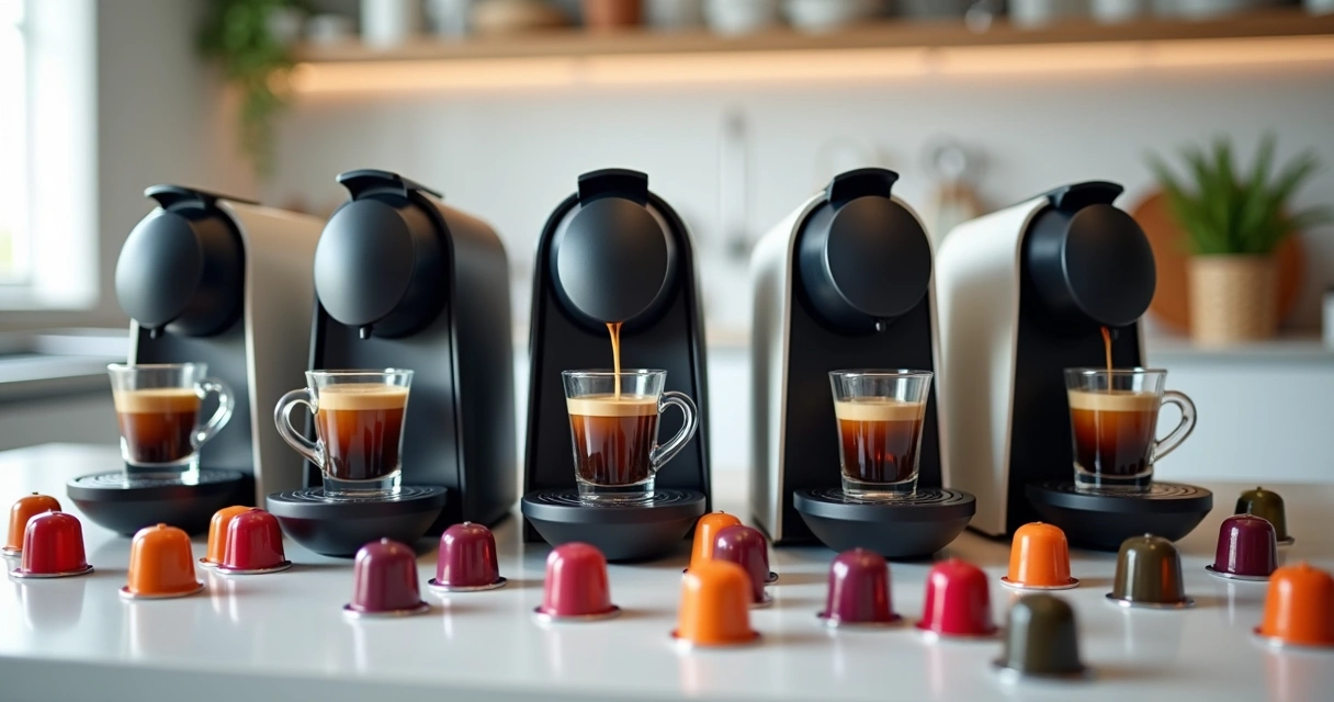 Várias cafeteiras de cápsulas em bancada de cozinha moderna, cápsulas coloridas espalhadas, foco na variedade 