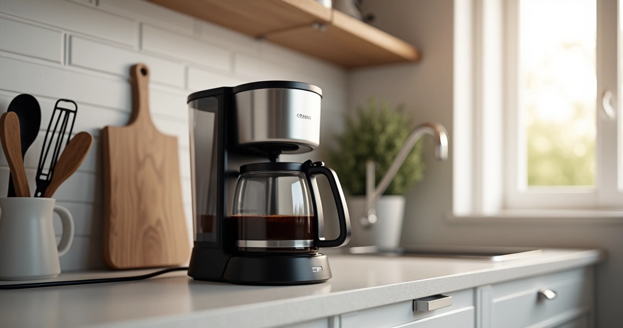 Cafeteira moderna com design elegante ao lado de utensílios de cozinha 